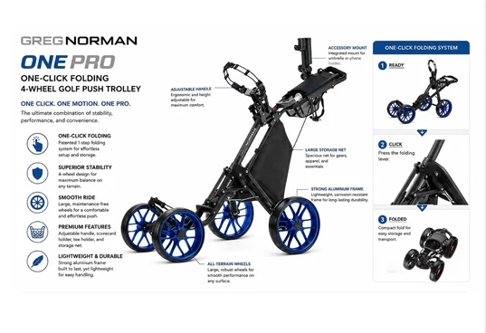 Greg Norman ONE Pro One-Click Folding 4-Wheel Golf Push Trolley
